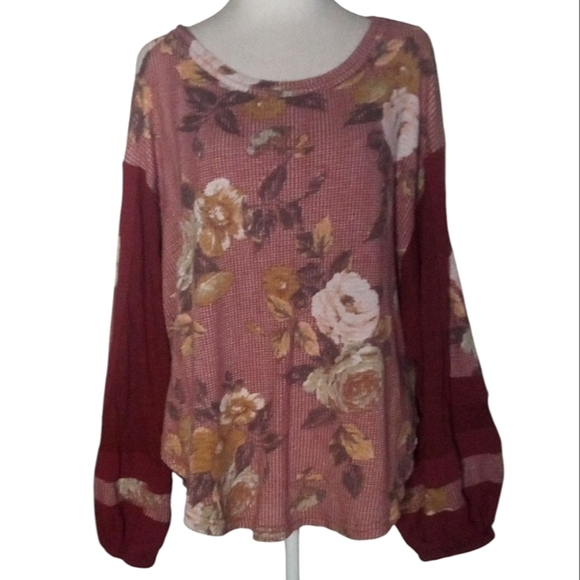 Free People Waffle Knit Peasant Sleeve Floral Print Blouse Size Large Burgundy - Picture 1 of 9